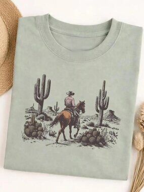 S Cowboy Horse T-Shirt, Western Desert Cactus Tee, Country Aesthetic